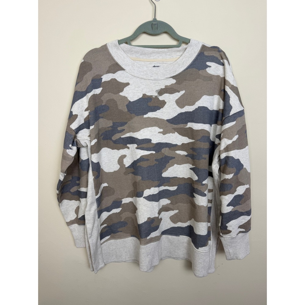 Aerie Camo Sweatshirt L Gray Tan Cotton Crewneck Ribbed Side Panels Oversized